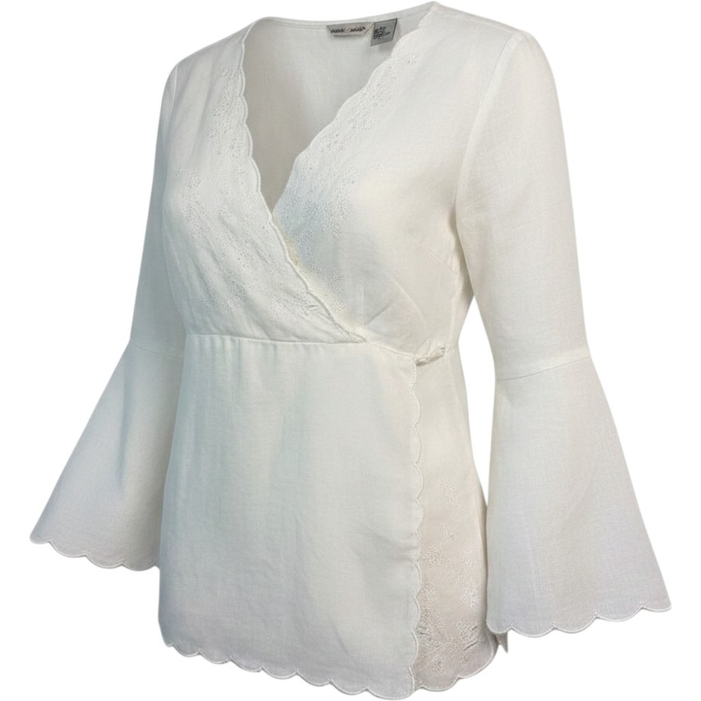 Edward Petite Blouse PM White Irish Linen Embroidered Scalloped V-Neck RN 95539